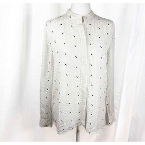 Chelsea and Walker Silk Blouse Womens 4 White Black Print Lace Back Button Shirt